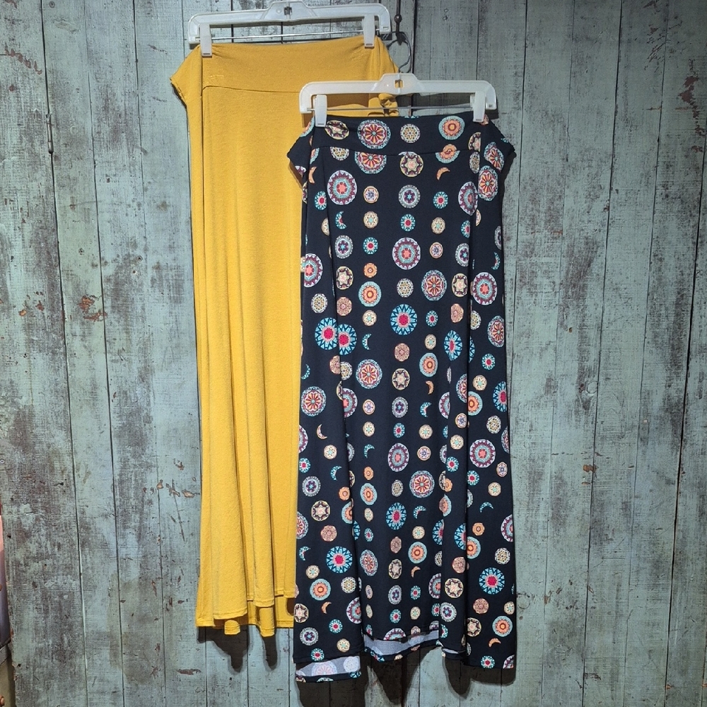 LuLaRoe Yellow Maxi with Navy Medallion Print Overlay